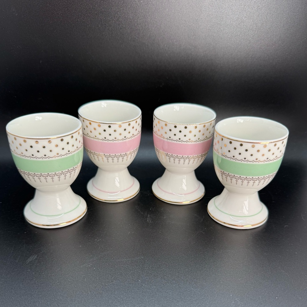 Grace Teaware Spring Porcelains set of 4 new egg cup holders. Pink & Mint Green